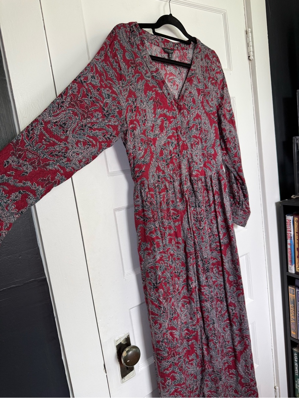 Lucky Brand Red & Grey Paisley Boho-Chic V-Neck Long-Sleeve Maxi Dress 70’s L - Picture 9 of 16